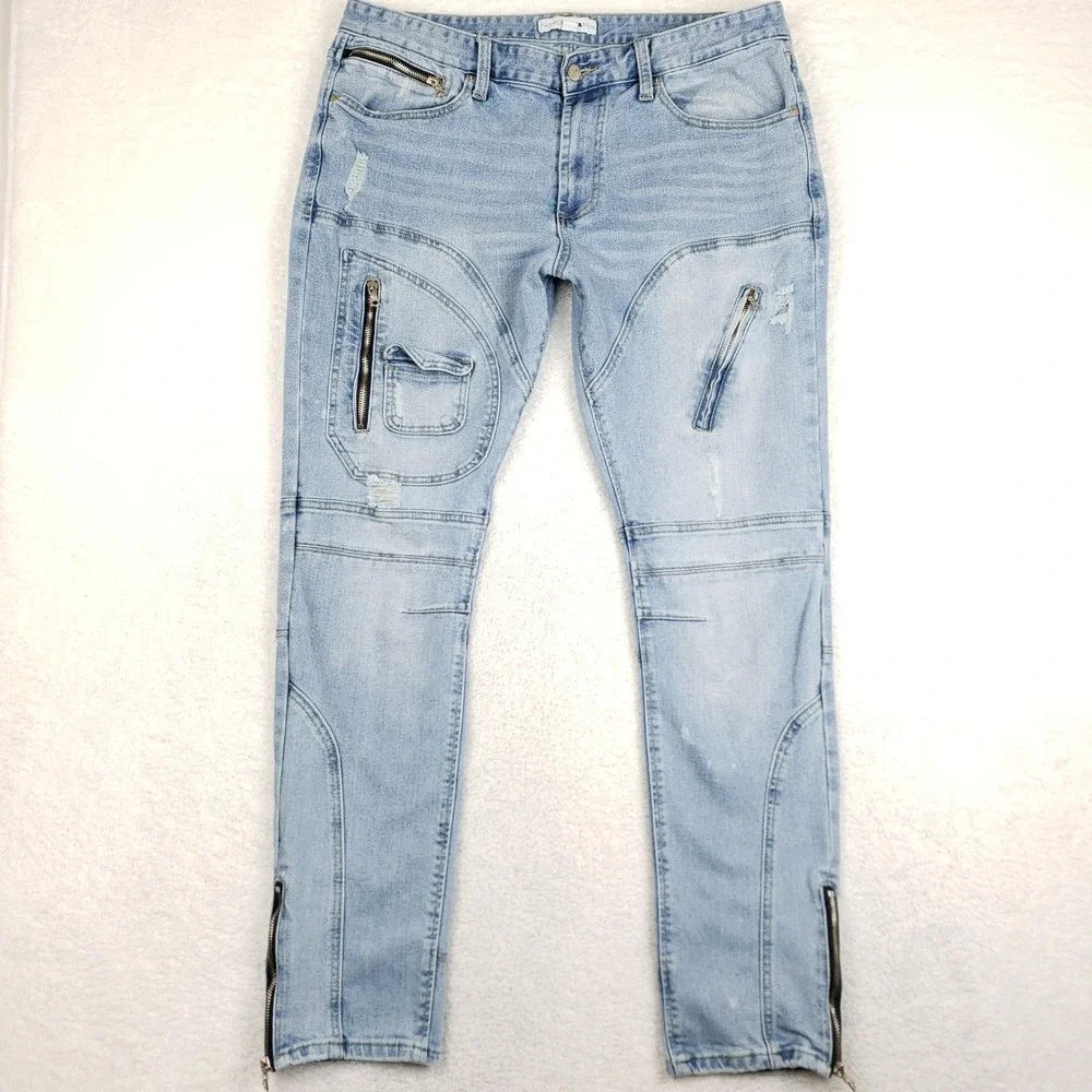 Fashion Nova Men Light Wash Moto Distressed Skinny Jeans Blue Size 36 Ankle Zip